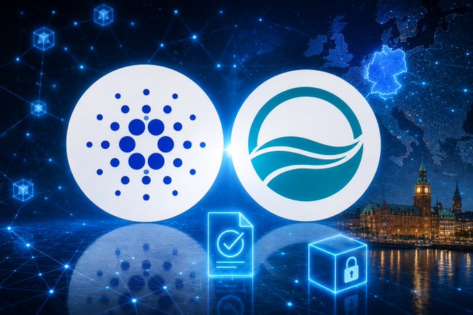 Two glowing circular logos—the Cardano (ADA) symbol on the left and a stylized teal wave emblem on the right—float above a night skyline of Hamburg, Germany, set against a starry blue digital network backdrop, accompanied by icons of a document with a checkmark and a lock symbol representing auditable, secure on-chain reporting.