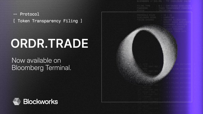 The image is a promotional graphic announcing that ORDR.TRADE is now available on Bloomberg Terminal, featuring the Blockworks logo and a grainy black ring against a backdrop of trading protocol code, with text reading "Protocol - Token Transparency Filing" and "ORDR.TRADE - Now available on Bloomberg Terminal."