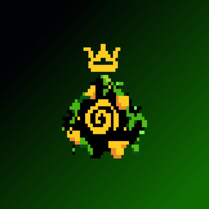 A pixel art image featuring a golden crown above a golden swirl/spiral symbol, with green leafy accents and gold coins, set against a dark green gradient background.
