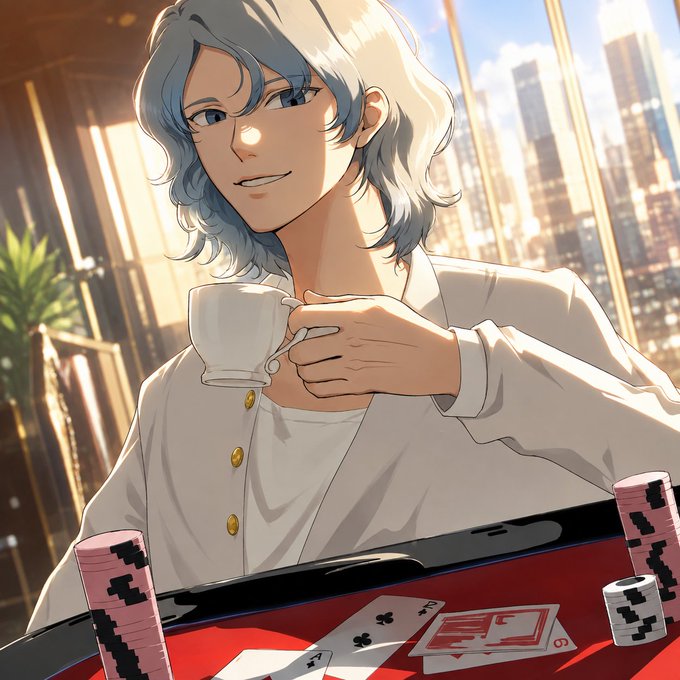 An anime-style character with wavy light blue hair smiles confidently while holding a teacup at a casino table stacked with chips and playing cards, fitting the casual "gm" (good morning) greeting with a leisurely, high-stakes vibe.