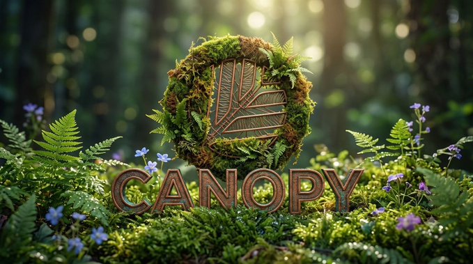 A 3D rendered logo featuring a leaf covered in moss and ferns with the text 'CANOPY' sits among greenery and purple wildflowers in a sunlit forest.