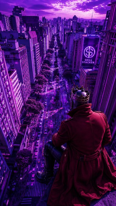 A stylized digital artwork with purple tones showing a figure wearing a crown and red trench coat sitting on the edge of a skyscraper overlooking a city street, with a 'SKILL STACKER' sign visible.
