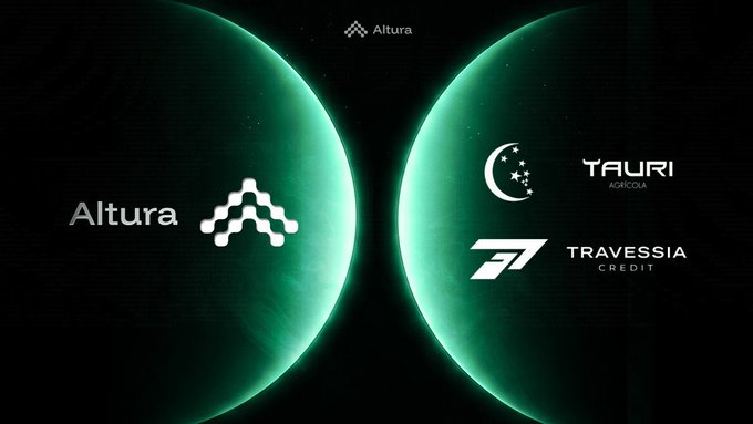 The image features a black background with four logos displayed side by side. Each logo represents a different company or organization related to finance and commerce. The first logo is for Altura, which is associated with cryptocurrency trading. The second logo is for Taurí, representing a credit card company. The third logo is for Travessia Credit, symbolizing a lending institution. Lastly, the fourth logo is for Agrícola, indicating a grain trading company. These logos are arranged in a vertical line on the black background, showcasing the diversity of financial services and commerce represented by each organization.
