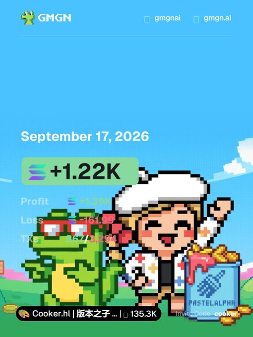 A pixel-art style graphic from GMGN dated September 17, 2026, showing daily trading results with a +1.22K profit highlight (profit +1.59K, loss -161.9K, TXs 667/1.26K) alongside an animated character holding a "PASTELALPHA" coin, visually celebrating the day's gains on the PastelAlpha token as referenced in the post.