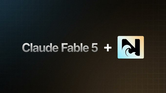 A dark gradient background displaying the text 'Claude Fable 5 +' next to a stylized app icon featuring a mountain and wave design.