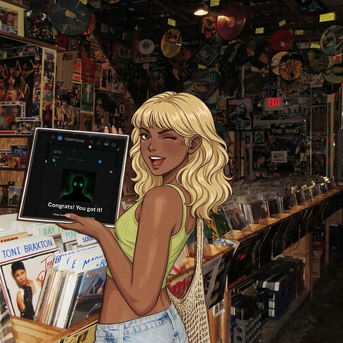 An anime-style illustration of a blonde woman holding a tablet displaying the OpenSea website with a 'Congrats! You got it!' message for a 'GTD' NFT, set in what appears to be a record store.