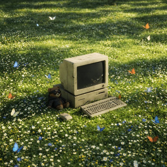 A vintage beige computer monitor and keyboard sit abandoned in a grassy meadow filled with daisies and blue flowers, accompanied by a small teddy bear wearing VR goggles and a computer mouse, all surrounded by colorful butterflies.