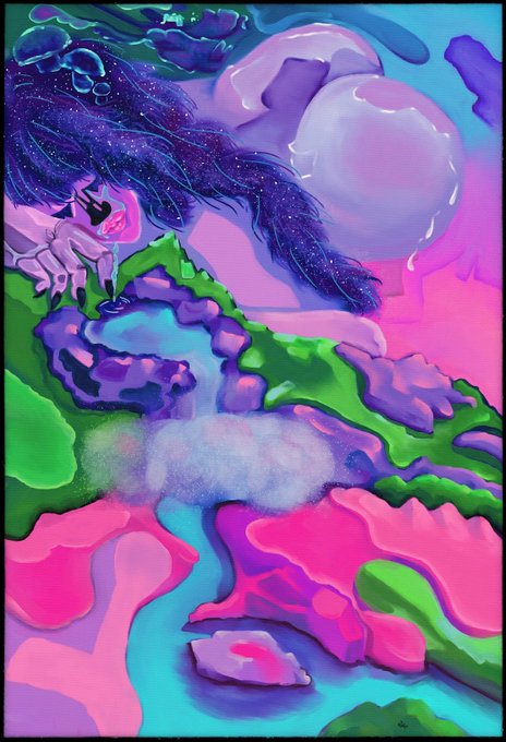 A surreal, highly stylized digital painting featuring flowing, glossy shapes in vivid pink, green, blue, and purple, depicting a reclining figure-like form with a galaxy-patterned area on the left.