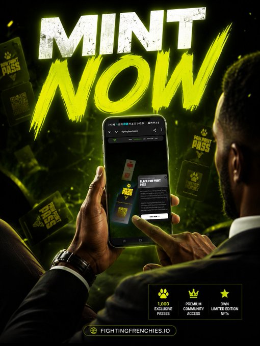 Promotional poster for 'MINT NOW' featuring a person holding a smartphone displaying the fightingfrenchies.io NFT minting page, advertising 1,000 exclusive passes, premium community access, and limited edition NFTs.