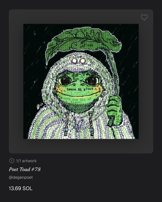 An NFT listing for 'Poet Toad #78' by @degenpoet, featuring a frog artwork with text 'Laura El Poet' and 'toad can die of light!', priced at 13.69 SOL.