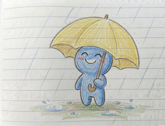 A cute, hand-drawn colored pencil sketch on lined paper of a small, smiling blue figure holding a yellow umbrella while standing in the rain, with small puddles on the grass below.