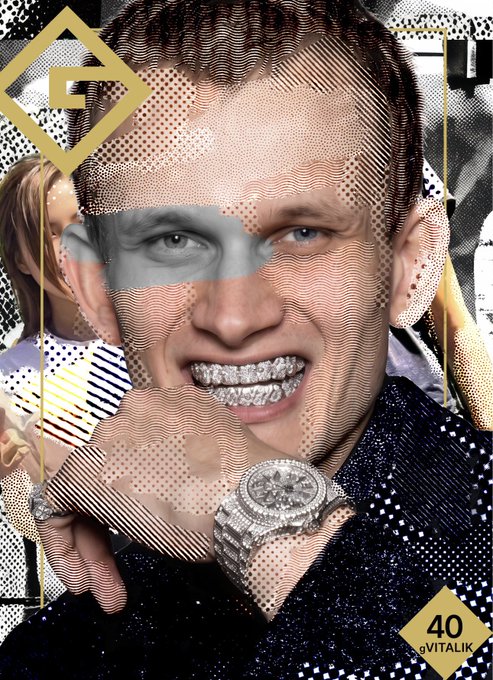An artistic portrait-style poster features a smiling man wearing a large diamond-encrusted watch and grillz, with the text '40 aVITALIK' and a 'G' logo.