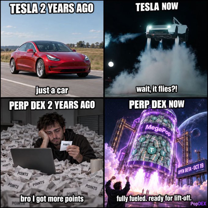 A four-panel meme contrasts Tesla's evolution from a grounded car to a flying vehicle with Perpetual DEX's growth from a tired founder trading points to the launch of "MegaPop," with the post promoting $TSLA futures trading on the PopDEX platform launching October 19.