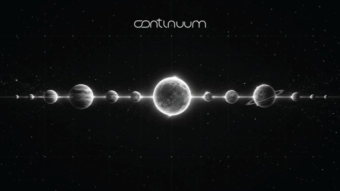 The image displays the stylized word "continuum" at the top, with a horizontal alignment of various planets, moons, and a central sun-like celestial body against a starry black space background, visually representing the unified, cosmic nature of the platform's "Season 0" and the concept of bringing history together into one cohesive "Network Score."