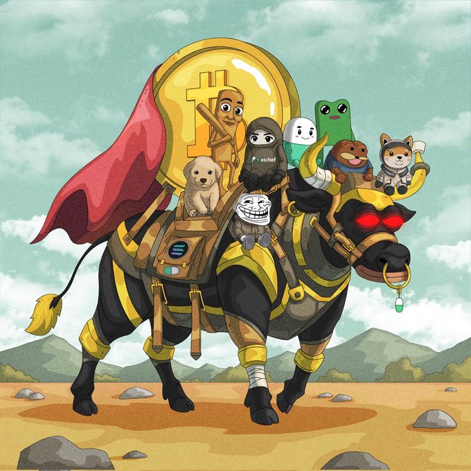 An illustrated scene of various NFT meme characters (including a golden Bitcoin figure, Pepe, Wojak, Shiba, and others) riding on an armored bull with a Bitcoin emblem and red flag, set in a desert landscape.