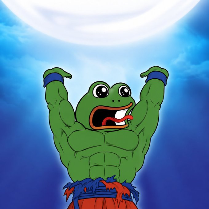 A cartoon illustration depicts a muscular, bodybuilder-style Pepe the Frog flexing its arms against a blue sky with a bright sun overhead.