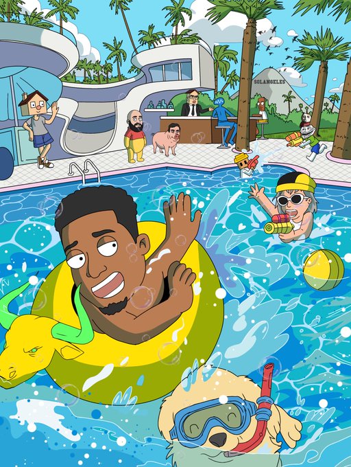A colorful cartoon illustration depicts a man with a beard in a yellow inner tube float in a pool, surrounded by other characters, with a sign reading 'SOLANGLES' in the background and a dog with snorkel gear.