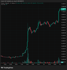 A TradingView candlestick chart on a dark background showing a stock's price movement with green and red candles displaying significant upward volatility.