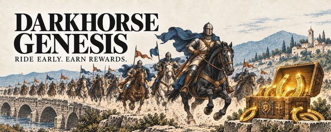 A medieval-style promotional banner features armored knights on horseback charging across a stone bridge, with bold text reading "DARKHORSE GENESIS - RIDE EARLY. EARN REWARDS." alongside an overflowing golden treasure chest, visually tying into the post's announcement of RGBHorse's Genesis Campaign for their Bitcoin RGB launchpad.