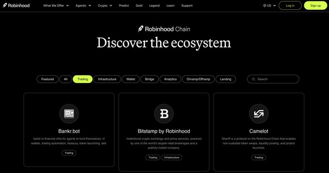 This image showcases the Robinhood Chain ecosystem, highlighting "Bankr.bot," a financial infrastructure for agents offering wallets, trading automation, and treasury functions, as described in the accompanying post.