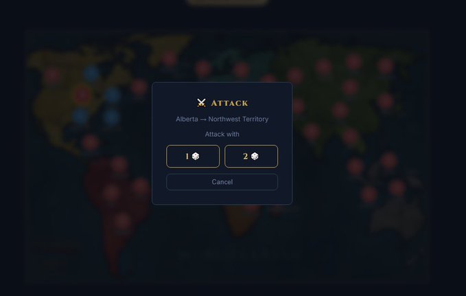 An 'ATTACK' dialog box over a world map showing an attack from Alberta → Northwest Territory with options to attack with 1 or 2 troops, from a Risk-style strategy game.