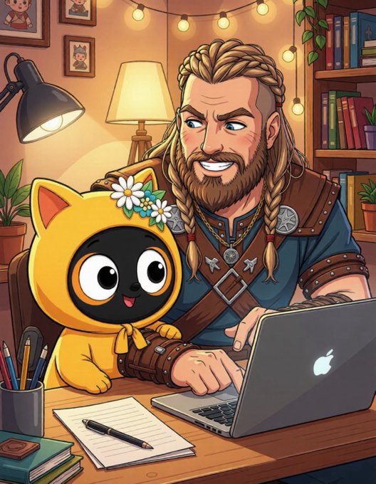 A cartoon illustration of a bearded viking character with braided hair working on an Apple laptop alongside a yellow cat character in a flower crown, in a cozy room with string lights and bookshelves.
