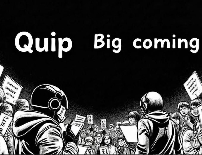 The image is a black-and-white illustration showing two figures in futuristic helmets or masks facing each other, with a crowd of protesters holding signs behind them, set against a dark background with the text "Quip" and "Big coming" displayed at the top. The image relates to the post by visually representing the anticipation and hype surrounding the @quipnetwork project's upcoming Quantum Echoes NFT collection, with the "Big coming" text and crowd of onlookers symbolizing the growing excitement and attention around the quantum-powered reveal.