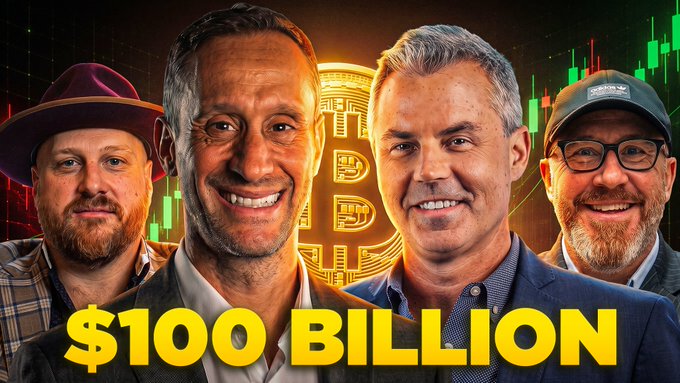 Four men are pictured in a promotional thumbnail with the bold text "$100 BILLION" displayed across the bottom, set against a backdrop featuring candlestick charts and a Bitcoin logo, promoting a live discussion about Bitcoin's growing institutional presence on Wall Street.