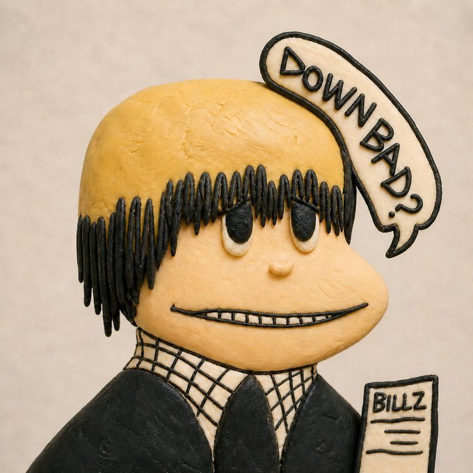 A clay figurine of a character with black hair, a suit, and a speech bubble saying 'DOWN BAD?', with the label 'BILLZ'.