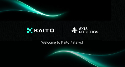 A black promotional banner for Kaito Katalyst featuring the Kaito and Axis Robotics logos with glowing teal wave designs.