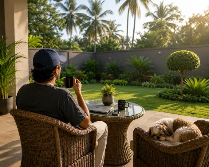 A man wearing a cap and dark shirt sits in a wicker chair on a patio, drinking from a mug while overlooking a tropical garden with palm trees, with a sleeping dog curled up nearby.