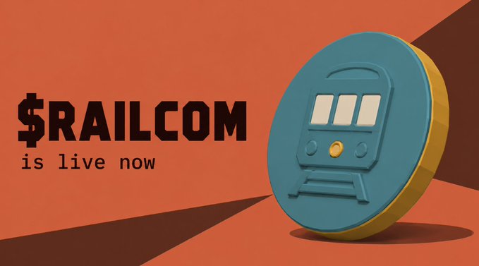 A promotional graphic with an orange background announces '$RAILCOM is live now' alongside a 3D rendering of a blue and yellow train-themed coin.