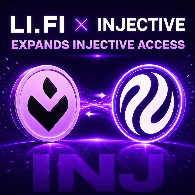 A purple-themed promotional graphic titled 'LI.FI x INJECTIVE - EXPANDS INJECTIVE ACCESS' showing two glowing coin logos with arrows indicating exchange, labeled 'INJ' below.