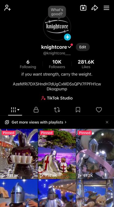 The image shows a TikTok profile page for "knightcore" (@knightcore__) with 10K followers and 281.6K likes, featuring the username logo and several pinned videos of knights at the bottom. The screenshot illustrates the creator's milestone of reaching 10,000 followers, aligning with the caption's celebration of this achievement and the optimistic outlook toward the next goal of 100k.