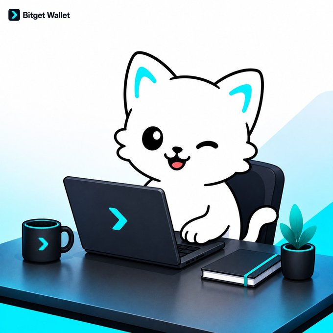 A cute cartoon dog mascot with a winking expression works at a laptop on a desk alongside a coffee mug and potted plant, with "Bitget Wallet" branding visible in the top left. The image ties into the "Gm from intern" post by portraying the friendly mascot character as the cheerful intern sending a morning greeting.