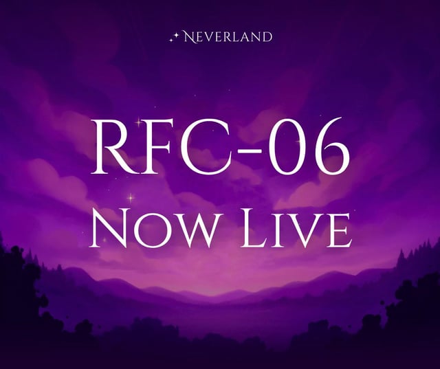 Neverland promotional graphic with purple clouds and night sky announcing "RFC-06 NOW LIVE" in elegant white typography.