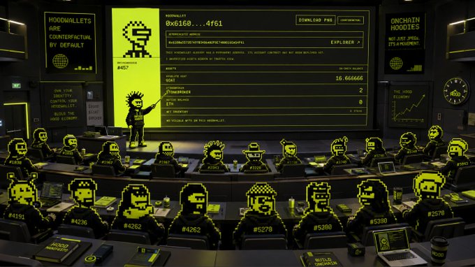 A yellow-themed pixel art scene depicting a hooded figure giving a presentation in front of an audience of similarly hooded characters with numbered seats like #4191 and #4262, with text reading "HOODWALLETS ARE COUNTERFACTUAL BY DEFAULT."