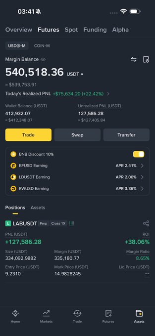 The image shows a mobile phone screen displaying information about trading in a cryptocurrency. The text presents details about various market situations, including buying and selling positions, potential price trends, and the current state of the market for LABUSDT.

A screenshot can be seen below the text which reveals how $LAB is currently priced at $1.28 per token. It indicates that there are numerous orders on LabusDT in the open market, suggesting increased trading activity related to this cryptocurrency. The image focuses on the user's interest and engagement with the LABUSDT market, providing a visual representation of these concepts as they appear on their device screen.