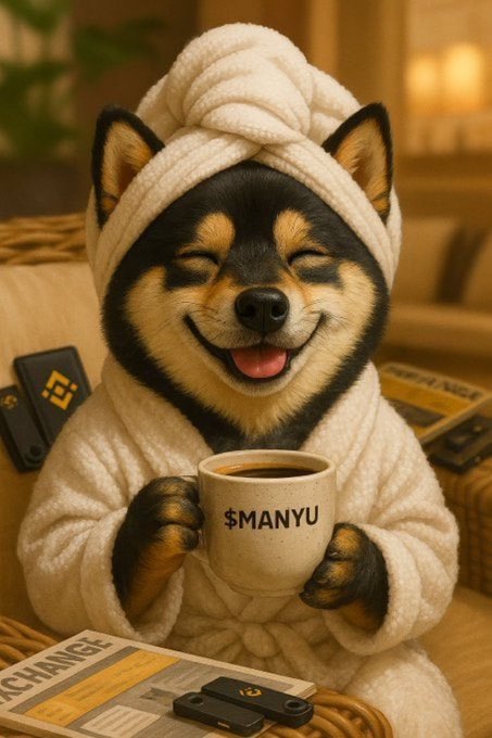 An AI-generated image of a Shiba Inu dog wearing a white bathrobe and towel, holding a coffee mug labeled '$MANYU' while sitting in a wicker chair.