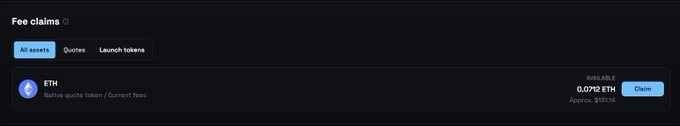 A screenshot of a "Fee claims" dashboard showing a claimable amount of 0.0712 ETH (approx. $280.14) for the ETH "Native quote token / Current fees." This relates to the post by illustrating the earnings dashboard where the user accrued fees from launching their $JADU memecoin on o1_exchange.