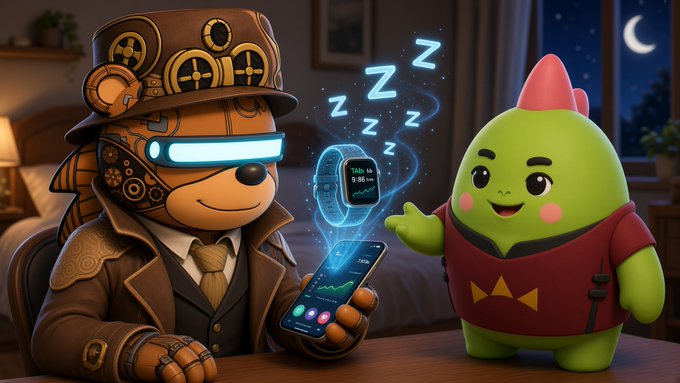 A 3D-rendered scene shows a steampunk-style bear with a glowing blue visor holding a smartphone, displaying sleep data to a green cartoon character in a red shirt.