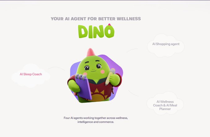 A promotional graphic titled 'YOUR AI AGENT FOR BETTER WELLNESS DINO', featuring a green cartoon dinosaur character holding a notepad, surrounded by labels for 'AI Sleep Coach', 'AI Shopping agent', and 'AI Wellness Coach & AI Meal Planner'.