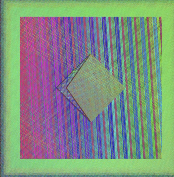 An abstract geometric composition with a bright green border surrounding a square of vertical pink, purple, and blue stripes overlaid with a tilted tan diamond shape.