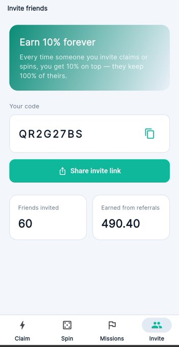An 'Invite friends' screen displays an offer to 'Earn 10% forever' with the invite code 'QR2G27BS', showing 60 friends invited and 490.40 earned from referrals.