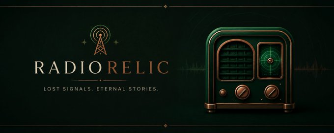 A banner for "RADIORELIC" with the tagline "LOST SIGNALS. ETERNAL STORIES." displayed next to a green vintage-style radio with sound wave graphics.