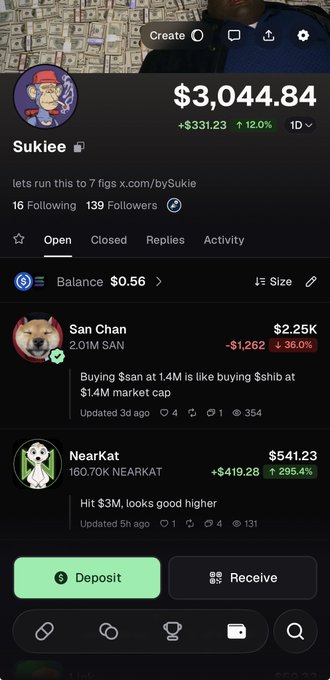 Screenshot of a trading profile for "Sukiee" on the Pumpfun app showing a portfolio value of $3,044.84 (+$331.23, +12.0%), with open positions including San Chan (2.01M SAN, -36.0%) and NearKat (160.70K NEARKAT, +295.4%), and a call-to-action to "Deposit" funds. The image aligns with the promotional post encouraging viewers to follow "Sukiee" on Pumpfun to track the portfolio's growth toward a million-dollar goal via pump.fun/join/Sukiee.