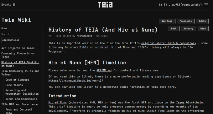 The Teia Wiki homepage featuring a dark-themed page titled 'History of TEIA (And Hic et Nunc),' last edited by ryangtanaka on 8/4/2026, with a left sidebar containing navigation links like 'Alphabetical,' 'Art Projects on Tezos,' and 'TEIA DAO and Governance.'
