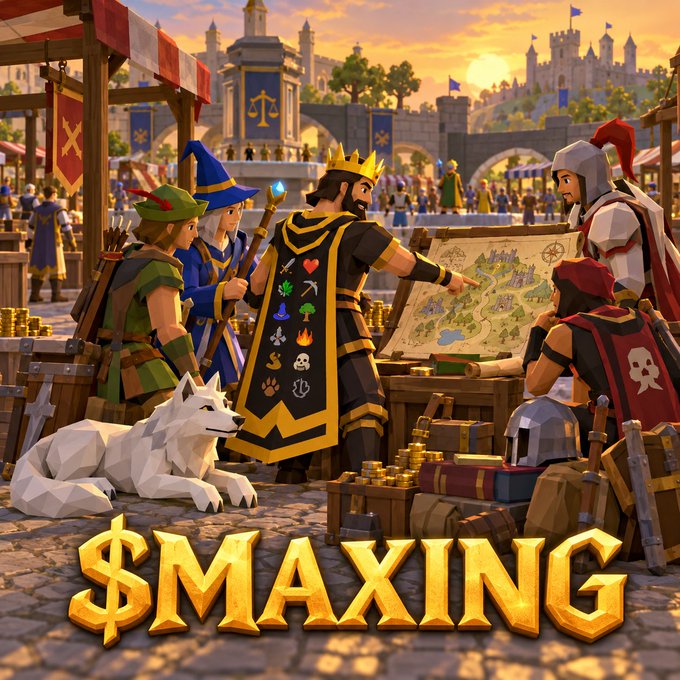 A fantasy-themed illustration showing a king in golden robes, a wizard, and a knight looking at a map in a medieval marketplace, with the golden text '$MAXING' at the bottom.