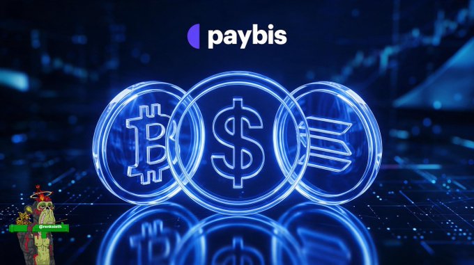 A promotional graphic for Paybis featuring glowing blue neon Bitcoin, US Dollar, and Euro coins with a small cartoon character in the bottom left corner.