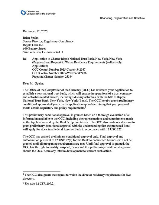 The image is an advertisement for Ripple cryptocurrency, which features two different texts written in white. One text states that Ripple is now "officially inside the U.S. banking system pipeline," while another text indicates that "the OCC is granting us conditional approval" for Ripple. The background of the image appears to be a neutral gray color.